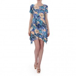 Rochie albastra cu maneca scurta si imprimeu floral R5022